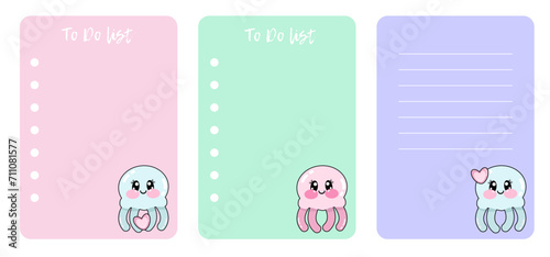 Set of notes with kawaii jellyfish cute faces. To Do list, Check list, tasks decorated templates. Printable stylish kids checklist. Stationery for children