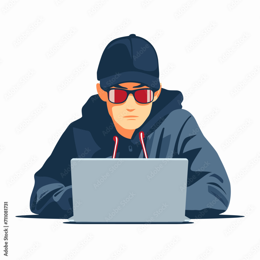 A hacker in sunglasses and a dark jacket sits at a laptop on a white background, vector A hacker in sunglasses and a dark jacket sits at a laptop on a white background, vector