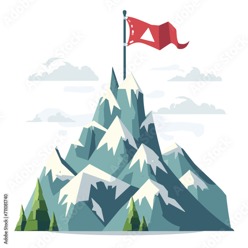 Mountain with red triangular flag on the top of the mountain symbolizes success, vector © Stitch