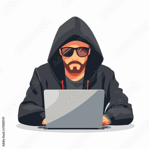 A hacker in sunglasses and a dark jacket sits at a laptop on a white background, vector