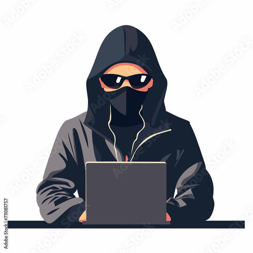 A hacker in sunglasses and a dark jacket sits at a laptop on a white background, vector