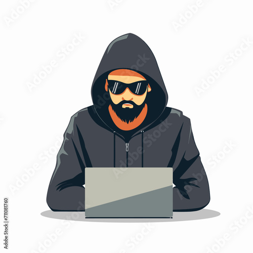 A hacker in sunglasses and a dark jacket sits at a laptop on a white background, vector