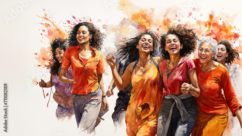 Vibrant watercolor illustration of joyful women running and laughing with vivid color explosion at background