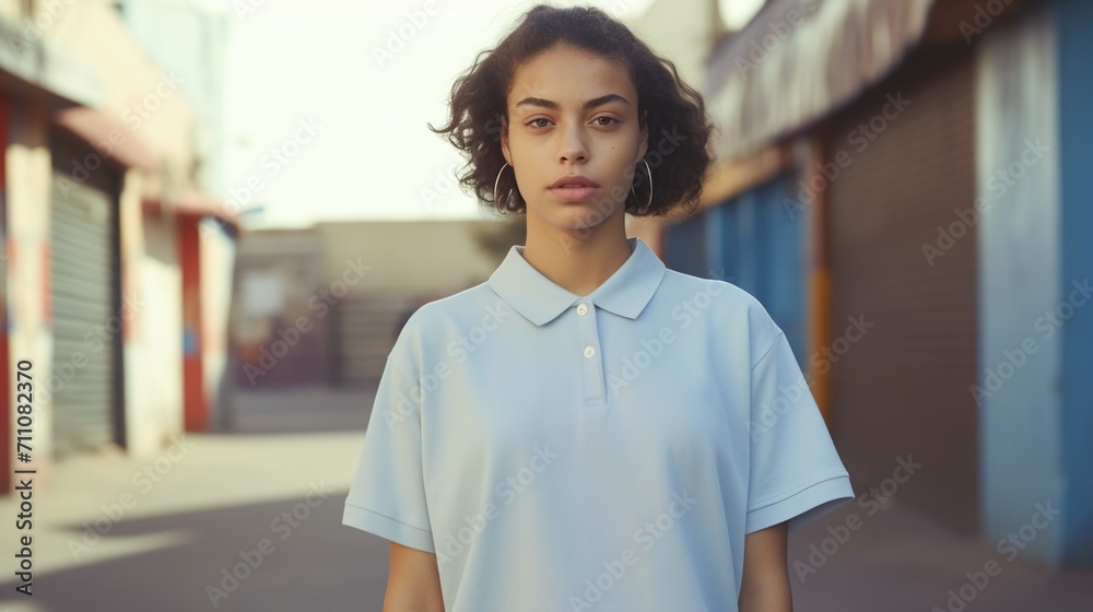 Portrait of a young woman in a blue polo shirt