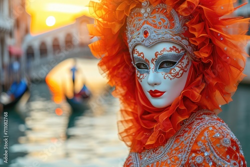 Sensual Charm of Venice Carnival: In the embrace of a Venetian boat, a woman dons a carnival mask, exuding mysterious allure against the backdrop of iconic Bridge © Mr. Bolota
