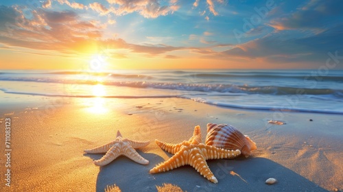 Two Starfish on Beach With Sunset