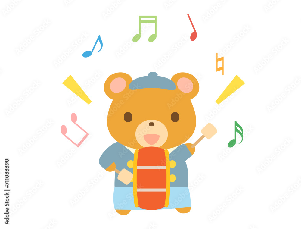 大太鼓を鳴らす熊さんのイラスト　音符ありバージョン