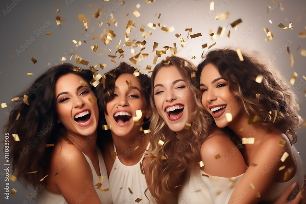 Girls friends party, having fun with gold confetti