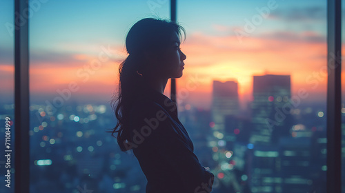 オフィスの窓から街を眺める女性