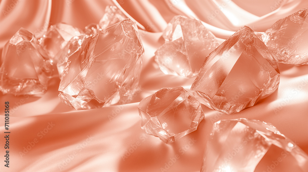 Concept color of the year 2024 Peach Fuzz. Trendy quartz stone crystals on satin background, close up. Abstract macro apricot creative crystals background. Concept color of the year 2024 Peach Fuzz. Trendy quartz stone crystals on satin background, close up. Abstract macro apricot creative crystals background.