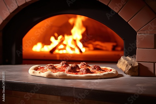 A pizzaiolo is making a pizza in a wood-fired oven