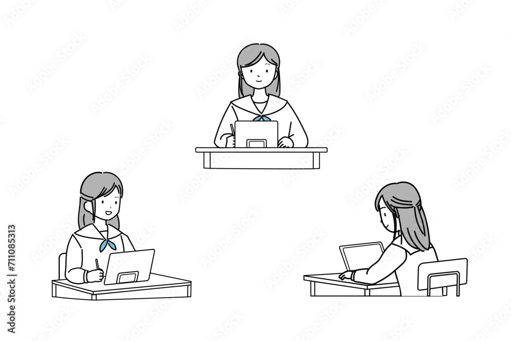 机に向かってタブレット学習をする制服姿の女子
