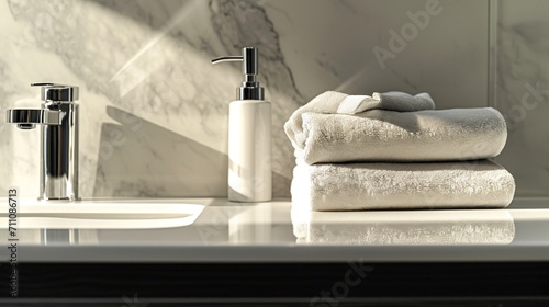 A bathroom vanity featuring a sleek faucet, white soap dispenser, neatly stacked white towels, with a marble wall in the background reflecting natural light. photo