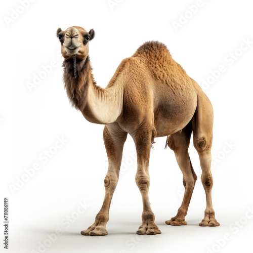 A camel standing against a white background, full body visible.