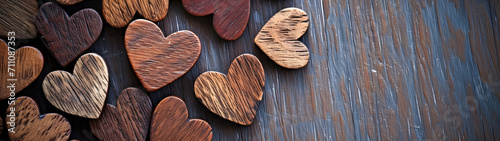 A cluster of wooden hearts, crafted from natural materials and grounded in the winter earth, evoke a rustic charm and a sense of warmth and nostalgia