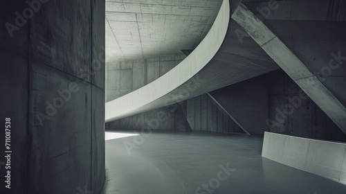 Abstract modern architecture with concrete walls and a curved white ramp, showcasing minimalist design. photo