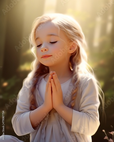 Little girl praying with eyes closed photo