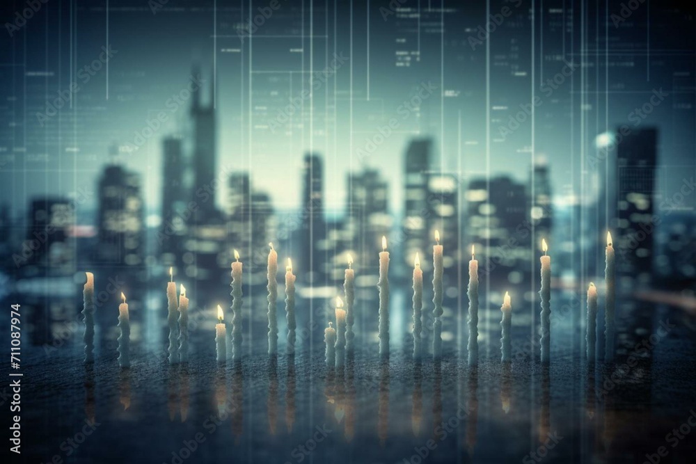 A candlestick grid chart representing stock market trading, showcasing bullish and bearish points along with financial growth concept. City backdrop is blurred with a double exposure. Generative AI