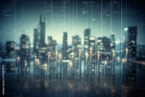 A candlestick grid chart representing stock market trading, showcasing bullish and bearish points along with financial growth concept. City backdrop is blurred with a double exposure. Generative AI photo