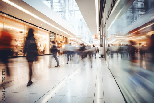 Motion blurred people walking in a shopping mall