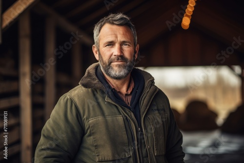 A mature man with a robust build, deep voice, and gray stubble, standing in a rustic barn, reflecting the wisdom and strength of the heartland photo