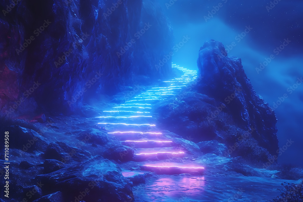 glowing road to the top, the path leads to the top of the mountain, the concept of success, achieving a goal
