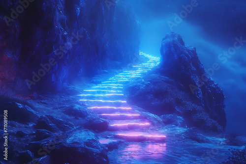 glowing road to the top, the path leads to the top of the mountain, the concept of success, achieving a goal 