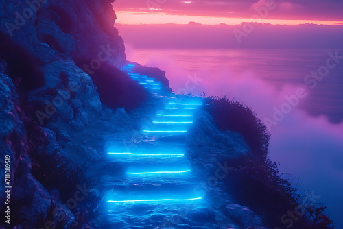 glowing road to the top, the path leads to the top of the mountain, the concept of success, achieving a goal
