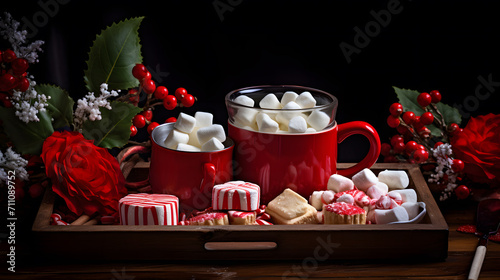 Red cup of cocoa and marshmallows. Neural network AI generated art