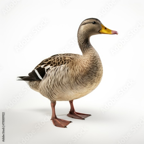 A single mallard duck standing against a white background, looking to the side with space for text.