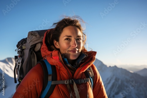 A Portrait of Resilience: A Female Mountaineer Standing Tall Against the Majestic Backdrop of Snow-Capped Peaks and Azure Skies