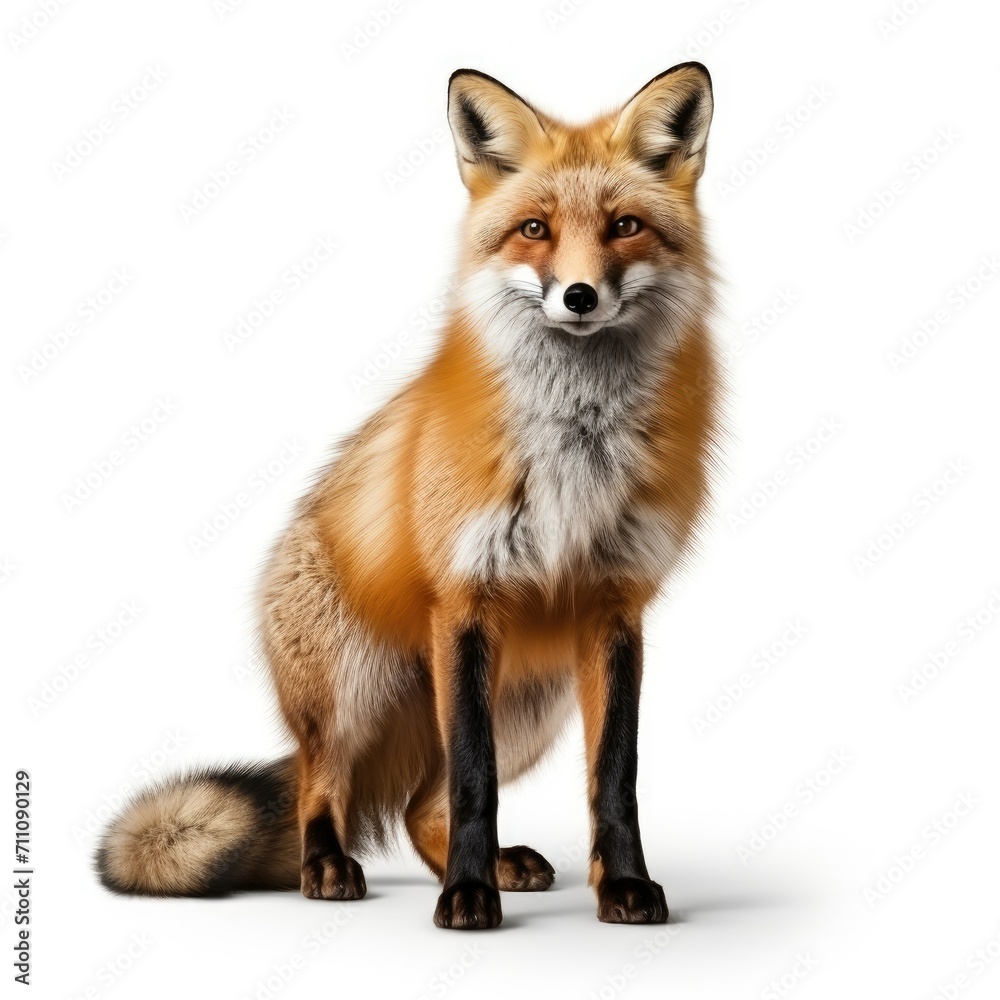 Red fox standing isolated on a white background.