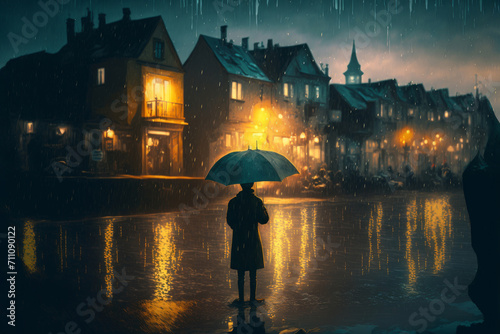 A person with an umbrella walking in the rain in a seaside town.  photo