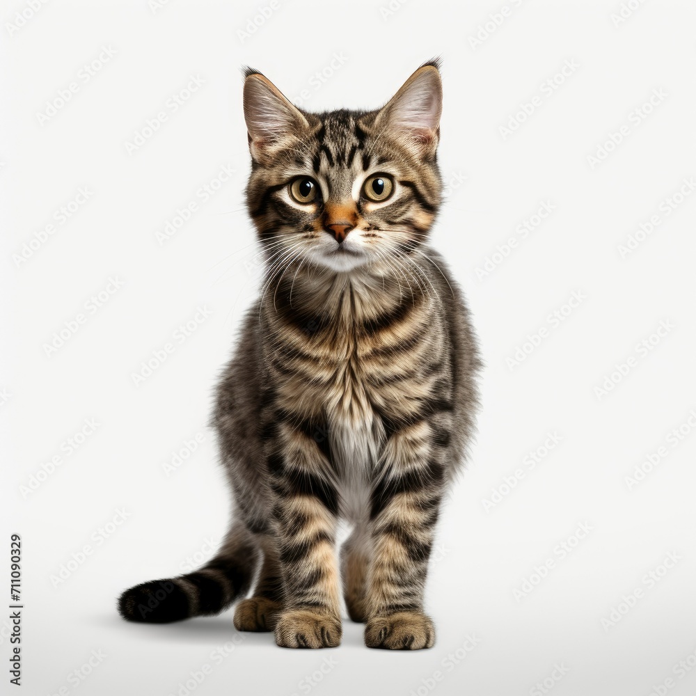 Tabby kitten standing against a white background, looking at the camera with curious eyes.