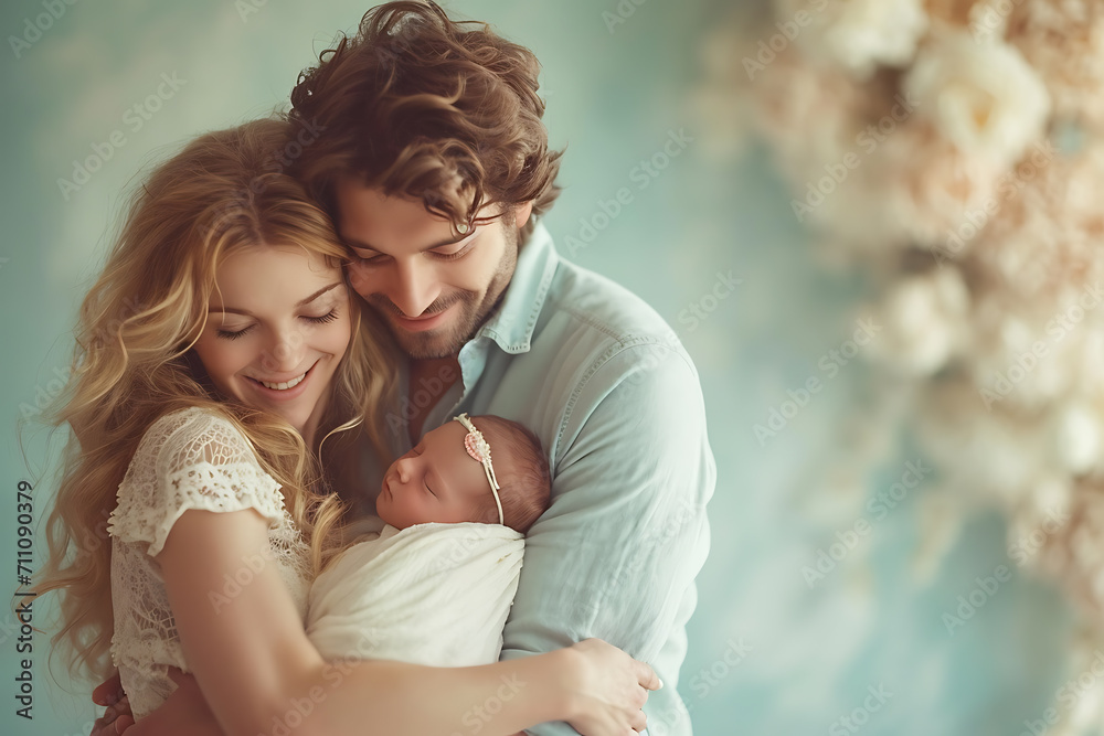 Close-up of a married couple, a woman in the arms of her husband and a newborn child. motherhood, childbirth.
