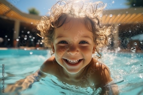 Ecstatic curly-haired kid swimming in the pool