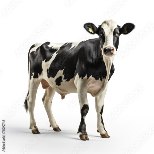 Black and white cow standing isolated on a white background.