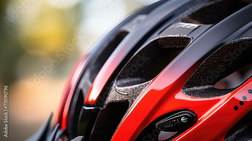 Closeup of a bike helmet with adjustable ss and ventilation holes.