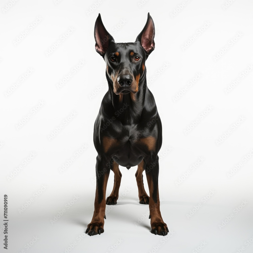 A black dog standing against a white background