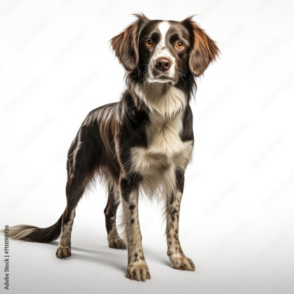 Alert brown and white dog standing against a white background, looking attentively to the side.