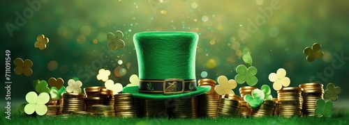Green shamrock lucky top hat and golden coins as St Patrick's day symbol and luck icon of Irish tradition. Leprechaun cap. Celebration concept, Background, card, banner with copy space
