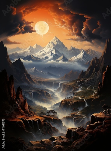 Fantasy landscape with mountains and waterfalls