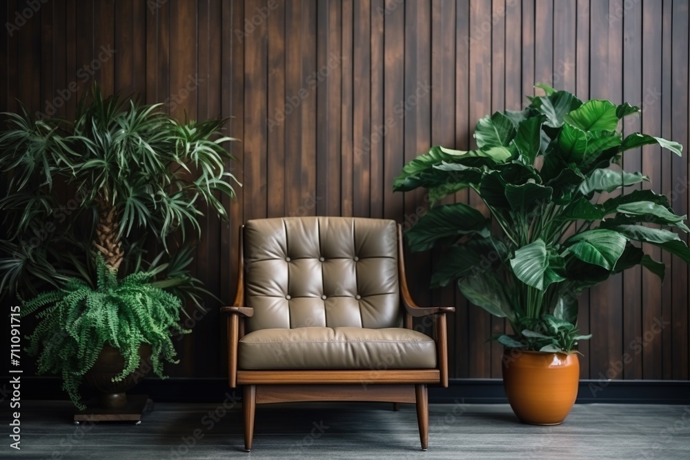 A mid-century modern armchair with potted plants