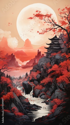 Tranquil Asian landscape with pagoda under the red moon
