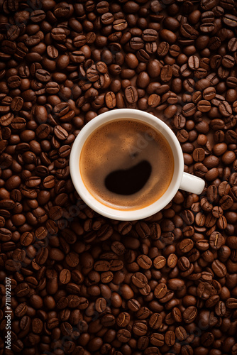 Invigorating Espresso Aroma  Coffee Mug Resting on Roasted Beans