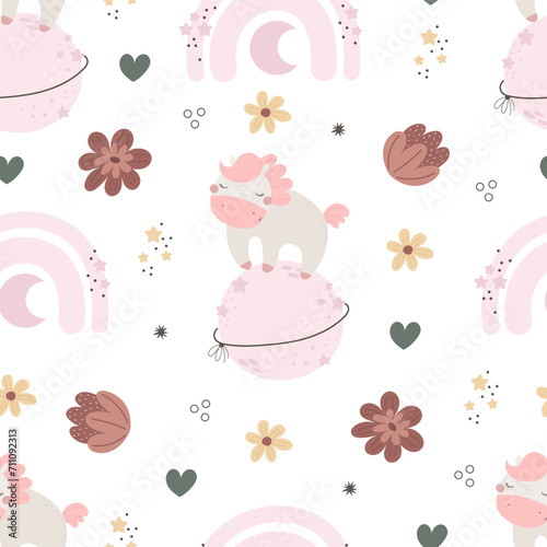 seamless pattern with cartoon unicorns, rainbow, decor elements. Magic. Colorful vector flat style for kids. Animals. hand drawing. baby design for fabric, print, wrapper