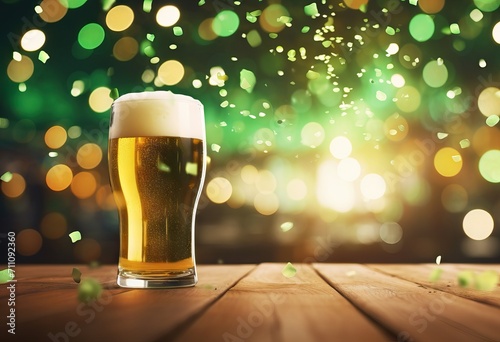 Glass with cold fresh beer on wooden table on blurred green background with golden lights. Oktoberfest and St. Patrick's day celebration in a pub or bar. Card, banner, poster, flyer with copy space