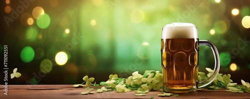 Glass with cold fresh beer on wooden table on blurred green background with golden lights. Oktoberfest and St. Patrick's day celebration in a pub or bar. Card, banner, poster, flyer with copy space
