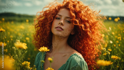 Bellissima ragazza con capelli rossi e ricci in un prato pieno di fiori in primavera