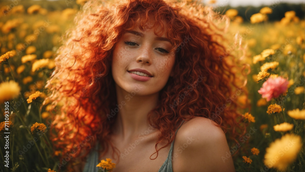 Bellissima ragazza con capelli rossi e ricci in un prato pieno di fiori in primavera Bellissima ragazza con capelli rossi e ricci in un prato pieno di fiori in primavera